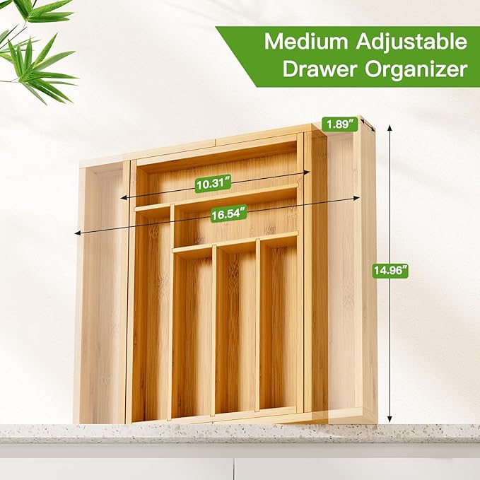 Pipishell Bamboo Expandable Drawer Organizer for Utensils Holder, Adjustable Cutlery Tray, Wood Drawer Dividers Organizer for Silverware, Flatware, Knives in Kitchen, Bedroom, Living Room(M-N)
