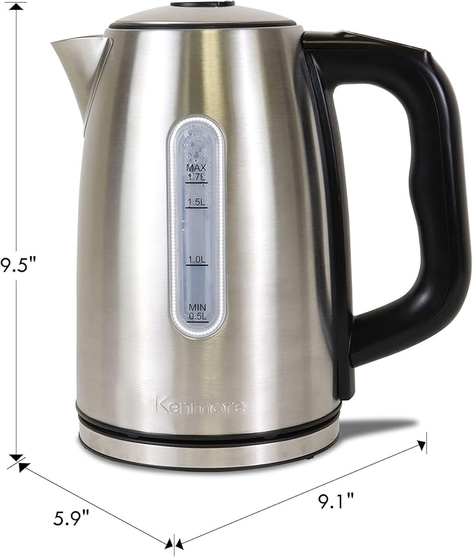 Kenmore Electric Kettle - 1.7 Liter Cordless Digital Calentador De Agua, Stainless Steel Instant Tea Pot, Preset Temperature Control, Automatic Shut-Off, Rapid Boil, Hot Water Boiling Heater, Silver
