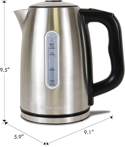 Kenmore Electric Kettle - 1.7 Liter Cordless Digital Calentador De Agua, Stainless Steel Instant Tea Pot, Preset Temperature Control, Automatic Shut-Off, Rapid Boil, Hot Water Boiling Heater, Silver