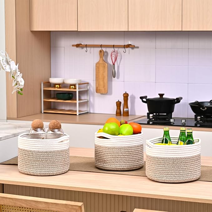 Small Storage Baskets for Organizing, Organizer Baskets for Shelves, Small Woven Basket for Storage, Cute Brr Basket for Gifts Empty, 9.7"×9.7"×7" (3 Packs) Off White & Brown