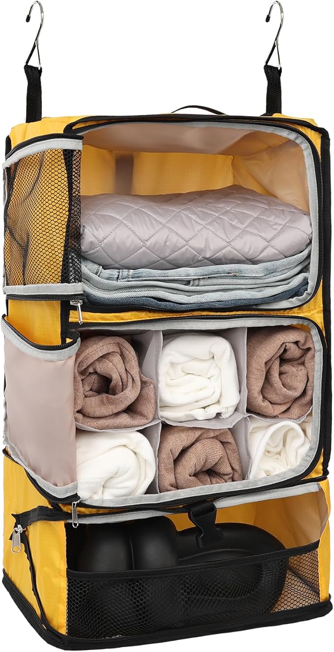TABITORA Travel Portable Hanging Shelves Closet Organizer Packing Luggage Storage with Multifunctional and Foldable Invisible Compartment,Lightweight, for Suitcase, RV,Closet…Yellow,XL