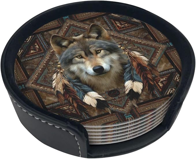 6 Pack Native American Wolf Feathers Leather Coasters