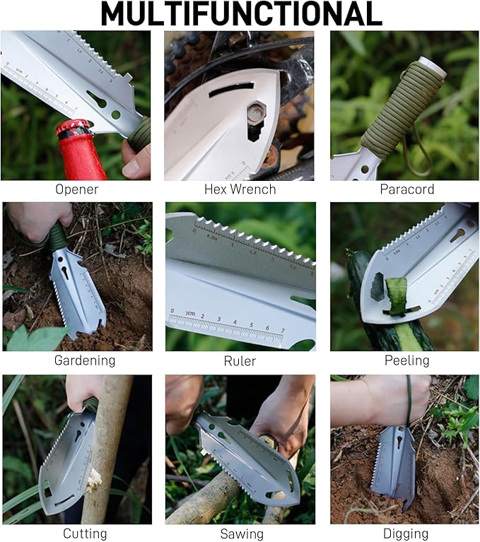 Small Camping Shovel, 9 in 1 Mini Hand Shovel, Portable Backpacking Trowel, Ultralight Compact Multitool for Camping, Gardening, Outdoor Survival, Black