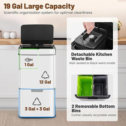 Goplus 19 Gal Stainless Steel Trash Can, 72 L Volume in 4 Containers, Motion Sensor Trash Bin w/Kitchen Waste Bin & 2 Bottom Recycling Bins, Touchless Garbage Can w/Soft Close Lid, Battery Operated