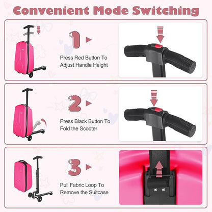 iubest Scooter Luggage Carry On Scooter Suitcase for Kids Age 4-15, Detachable & Foldable 4 in 1 Kids Suitcase, Multifunctional Ride On Travel Trolley Scooter Combo-Rose Pink