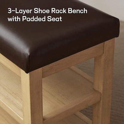 Shoe Rack Bench with Leather Cushion, 2 Tier Solid Wood Storage Bench, Mid-Century Modern Shoe Bench for Entryway, Hallway, Closet, Front Door Entrance, Foyer (Dark Brown, 39.4")