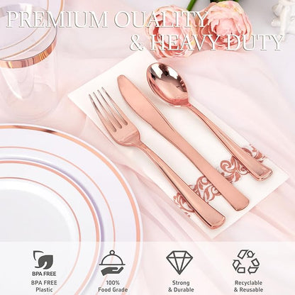 Supernal 400pcs Rose Gold Plastic Plates Disaposable Heavy Duty included Disposable Utensils& Plastic Party Plates Disaposable Party Cups and Napkins Sets for Wedding Party and Birthday