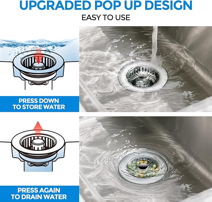 zaa Kitchen Sink Drain Strainer - Kitchen Sink Stopper, 304 Stainless Steel Sink Drain Stopper, Sink Protector for Kitchen with Anti-Clog Filter, Fit US Standard 3-1/2'' Sink Drain Hole, Silver