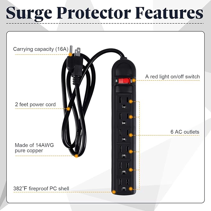 Hoteam 10 Pcs Power Strip Bulk 6 Outlet Surge Protector Power Cord Electrical Extension Cord with Switch Low Profile Plug Flat for Home Office(2 ft,Black)
