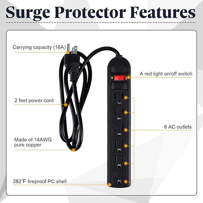 Hoteam 10 Pcs Power Strip Bulk 6 Outlet Surge Protector Power Cord Electrical Extension Cord with Switch Low Profile Plug Flat for Home Office(2 ft,Black)