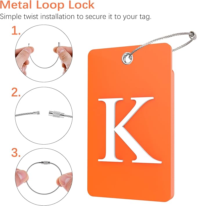 Gostwo 2 Pack Luggage Tags for Suitcases, 26 Initial Letter Travel Luggage Baggage Identification Labels ID Tag Fully Bendable Tags with Stainless Steel Loop (Orange) (Letter K)
