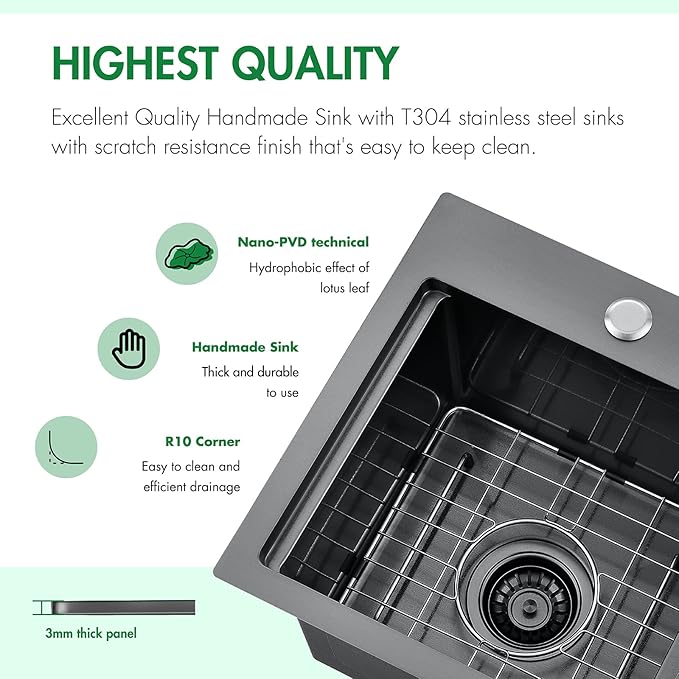 Kitchen Sink, 15 x 15 x 10 inch Kitchen Sinks Small Bar Prep Sink 16 Gauge Gunmetal Black Drop in Kitchen Sink Single Bowl Workstation Sink with Cutting Board