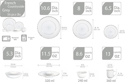 56pc Dinnerware Set, Plate and Bowl Set, Stoneware Dishes Set for 8, Microwave and Dishwahser Safe, Scratch Resistant, French Countryside Speckled Antique Grey