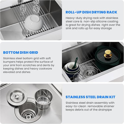 POPFLY 28 x 20 Inch Kitchen Sink, 28 Inch Stainless Steel Top Mount Drop in Workstation Sink, 9-Inch Deep Handmade Sinks with Cutting Board & Strainer, Brushed Nickel（28×20×9）