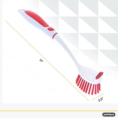 Superio Fruit and Vegetable Scrub Brush with Long Handle - Dish Cleaning Brush, Double Sided Scrubber, Non Scratch Kitchen Scrub Brush for Fruits/Potatoes/Veggies, Sinks, Bath (2, Red)