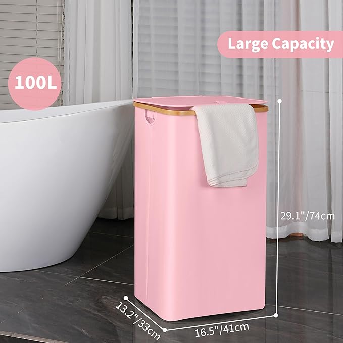 26 Gal Laundry Basket with Lid and Net Bag, Tall Laundry Hamper with Bamboo Handles, Aesthetic Dirty Clothes Bin for Laundry Room, Bathroom, Bedroom and Dorm, Pastel‌
