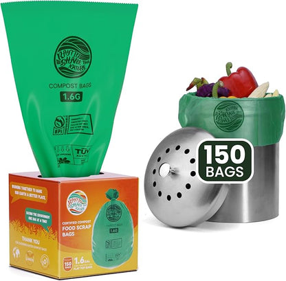 RAYTID 150 Counts 1.6 Gallon (1.6-1.75-2 Gal) Compost bin kitchen Bags, Fit 4.5,6,7,8 Liters,Strong compost bags for countertop bin,ASTM D6400, US BPI and Europe OK compost HOME certified