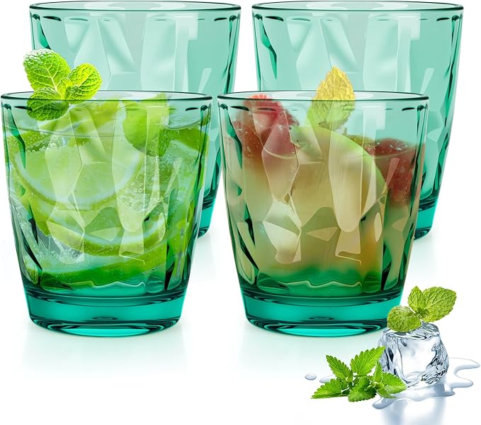Topsky 10 oz Plastic Water Tumblers | Set of 4 Transparent Unbreakable Drinking Glasses Clear Acrylic Reusable Juice Wine Cups for Home Picnic Party, Dishwasher Safe, Stackable (Light Green)