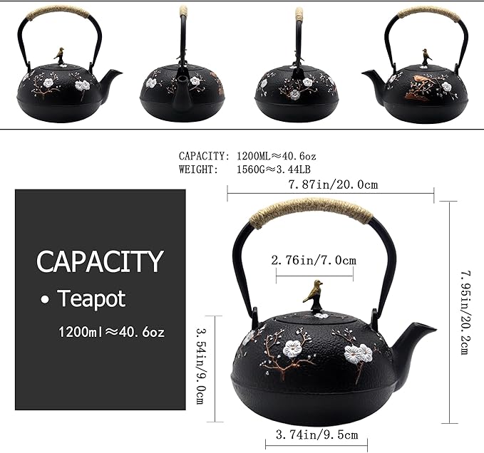 Cast Iron Kettle Teapot, Japanese Style Tetsubin, Cast Iron Tea Kettle with Stainless Steel Infuser for Loose Tea, Internal Enamel Iron Tea Pots for Stovetop Safe(40.2oz/1200ml)