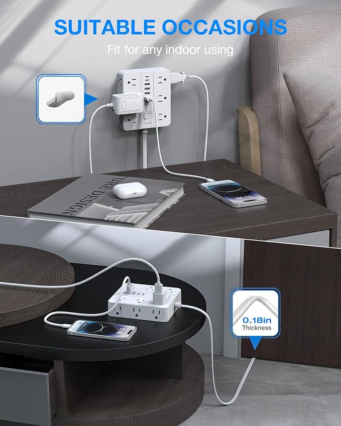 Flat Plug Power Strip Surge Protector, Flat Extension Cord Indoor 20 Feet， HUNIAN 12 Widely Spaced Outlets with 6 USB (2 USB C Ports), Desk Charging Station for Home Office Supplies, White