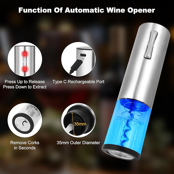 Electric Wine Opener with Electric Decanter and Aerator, Rechargeable Electric Wine Bottle Opener, Stainless Steel Wine Accessories with Foil Cutter, Electric Aerator, Vaccum Stopper