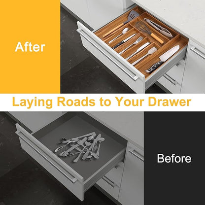 Large Premium Acacia Silverware Organizer - Expandable Drawer Organizer & Utensil Organizer - 17"x19.7" Cutlery Tray with Dividers for Kitchen Utensils and Flatware (7-9 Slots) Acacia