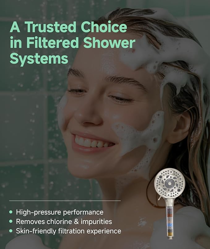 SunCleanse Filtered Shower Head with Handheld,9-Spray Setting Detachable Shower Head with 4 Filters for Hard Water - Filter Chlorine, Improve Skin and Hair Texture (4 Filters, Brushed Nickel)