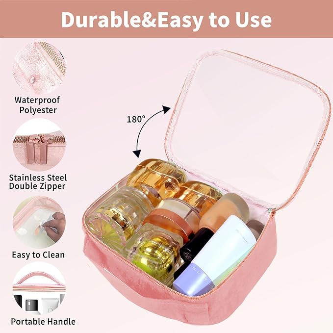 Travel Toiletry Bag,2 Pack Clear Makeup Bags with Handles,180°Opening Clear Cosmetic Bags for Traveling Women,Men,Travel Essentials,Pink