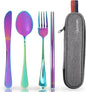 Travel Utensils with Case, Quatish Portable Silverware Set for Work, Stainless Steel Reusable Travel Cutlery Set, Fork and Spoon Set for Camping, Picnic, Gadgets, Lunch Box for Men, Rainbow