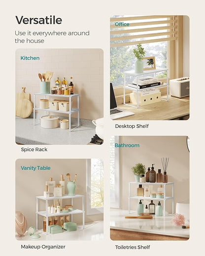 SONGMICS Cabinet Organizer Shelf, Set of 4 Kitchen Counter Shelves, Kitchen Storage, Spice Rack, Stackable, Expandable, Metal and Engineered Wood, Cloud White and Snow White UKCS028W01