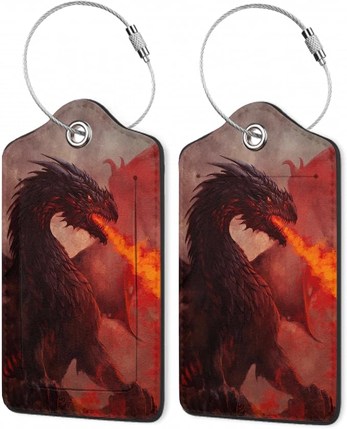 2Pcs Luggage Tag for Suitcase Trippy Fire Dragon Cute Suitcase Tag with Privacy Flap & Name ID Label & Metal Loop, Travel Bag Luggage Tags for Women
