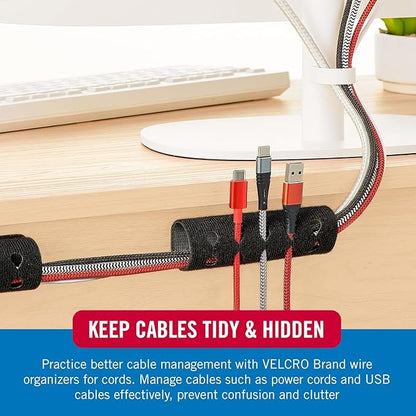 VELCRO Brand Complete Desk Cable Management Kit | 8in Mountable Cable Sleeve 2pk + 150pk Reusable Cable Ties + Desk & Nightstand Cord Organizer | Black, Damage-Free Mounting