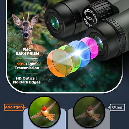 Adorrgon 15x45 HD Binoculars for Adults High Powered with Phone Adapter, Tripod and Tripod Adapter - Large View Binoculars with Clear Low Light Vision for Bird Watching Cruise Travel