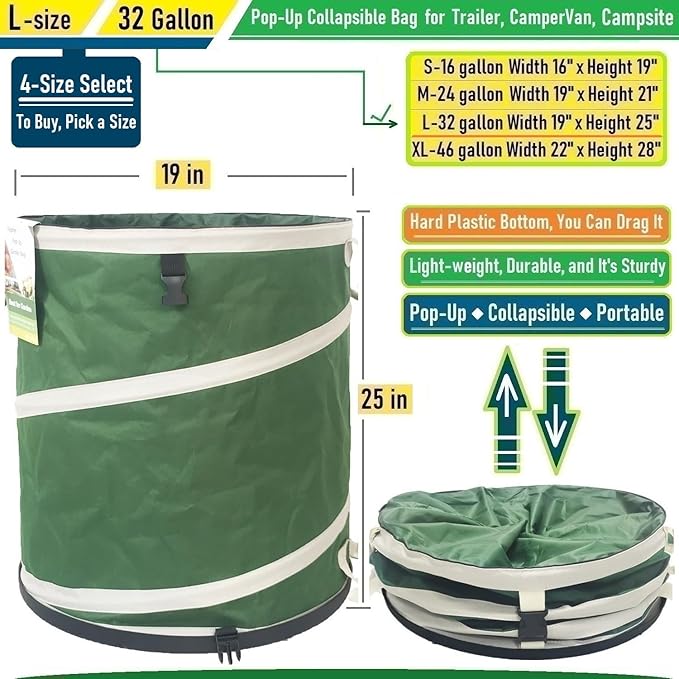 32-Gallon Collapsible Trash Can (19x25 in) Hard-Shell Bottom Yard Garden Bag for Pop-Up Recycling Bin,Yard Waste,Debris bag,Laundry Hamper,RV Camping Waste Bin,Lawn Grass,Leaf Bag,Sods,Weeds Barrel