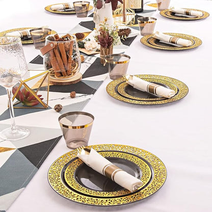 NOCCUR 210pcs Black and Gold Dinnerware Set - Black Disposable Plates and Napkins Party Supplies Include 60 Dinner/Dessert Plates, 30 Prerolled Plastic Cutlery&30 Cups for Party/Birthday/New Year