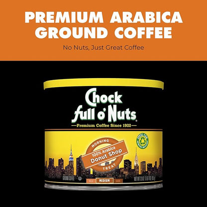 Chock Full o' Nuts Donut Shop Ground Coffee – Premium Beans in Recyclable Steel Can – Rich Flavor & Aroma, Medium Roast – Perfect for Drip, Pour-Over, Percolator – 23 Oz Can