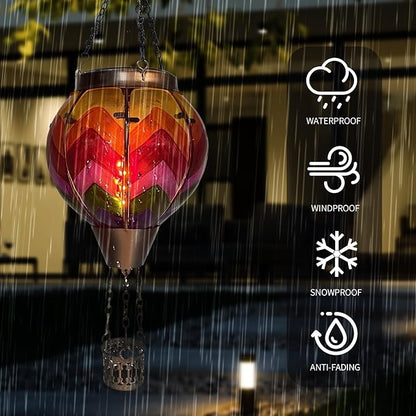 Hot Air Balloon Solar Lantern with Flickering Flame Light Glass Hanging Solar Lanterns Outdoor Waterproof for Garden Tree Yard Patio Party Decor, Color-Wave