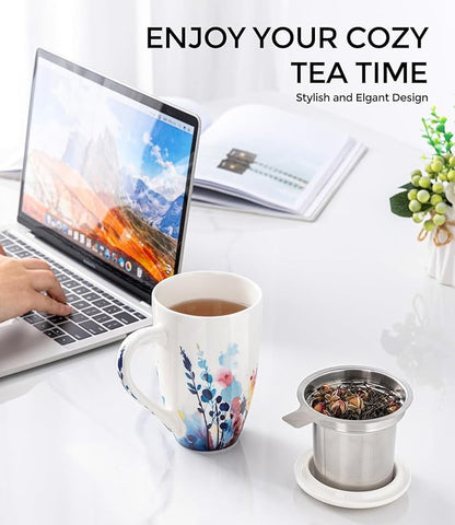 AmorArc Porcelain Tea Mug with Infuser and Lid, 18 Oz Tea Cup with Handle for Loose Leaf Tea, Gift for Tea Lovers of Men and Women