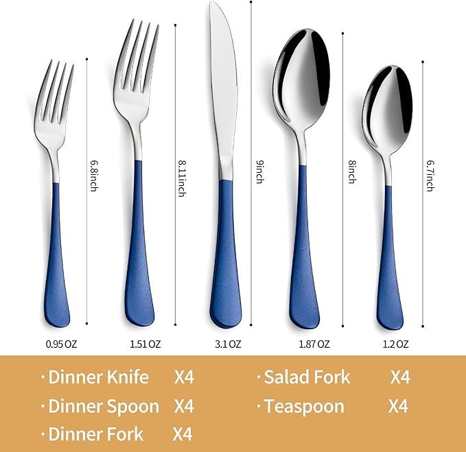 20-Piece Dark Blue Silverware Set 18/0 Stainless Steel Silverware Set Dark Blue Handle Cutlery Set Service for 4 Dinner Knives Forks Spoons Set Flatware Set Finish Dishwasher Safe