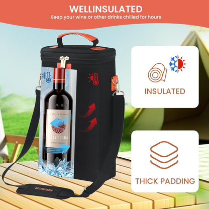 2-Bottle Insulated Wine Carrier Tote - Leakproof Padded 900D Oxford Wine Cooler Bag for Travel, Picnics, Beach & Parties - Ideal Wine Gift for Wine Lovers