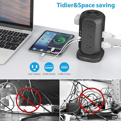 Power Strip Tower AOFO Surge Protector 12 AC Outlets with 4 USB(1 USB C) Ports Charging Station with Overload Protection, Widely Spaced Multiple Outlets with 10Ft Extension Cord for Home,Dorm & Office