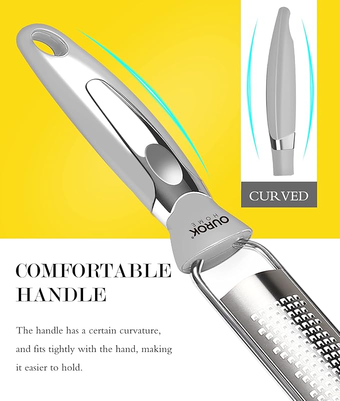 Ourokhome Kitchen Lemon Zester, Stainless Steel Hand Held Parmesan Cheese Grater for Ginger, Chocolate, Coconut, Lime, Nutmeg, Citrus, Fruit, Vegetable with Cleaning Brush, Dishwasher safe, Gray