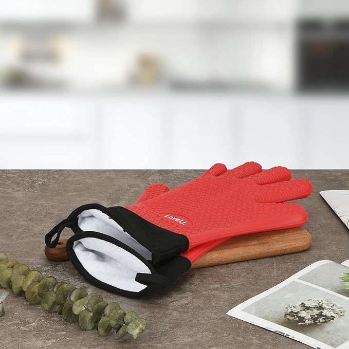 Kitchen Oven Gloves - Dual-Layer Heat Resistant Grilling Gloves, Silicone Oven Mitts with 5 Fingers, Waterproof Non-Slip Pot Holder for Barbecue, Cooking, Baking (XL-XXXL, Red Long)