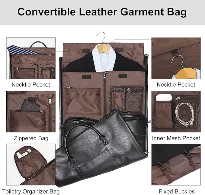 Modoker Convertible Leather Garment Bag, Carry on Garment Bags for Travel, Garment Duffel Bag, Gifts for Men Women Business Waterproof Suitcase Suit Travel Bags, Black