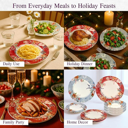TUDOR Royal Collection 12-Piece Round Porcelain Dinnerware Set, Service for 4 with Dinner Plates, Bowls, and Salad Plates, Crimson Summer Floral Unique Design, Gloss Finish, Durable & Premium Quality