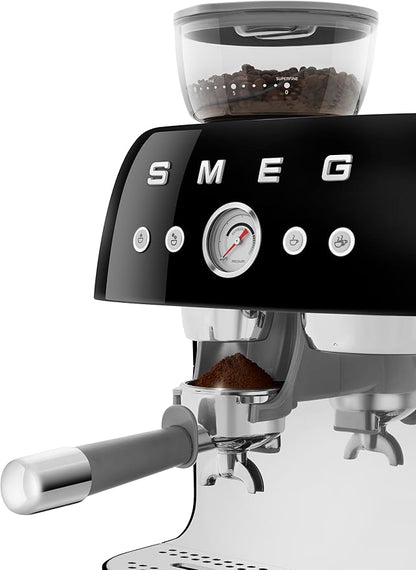 Smeg EGF03 Semi-Automatic Espresso Machine with Built-In Grinder, Dual Thermoblock, 50’s Retro Style – Black (120 V)