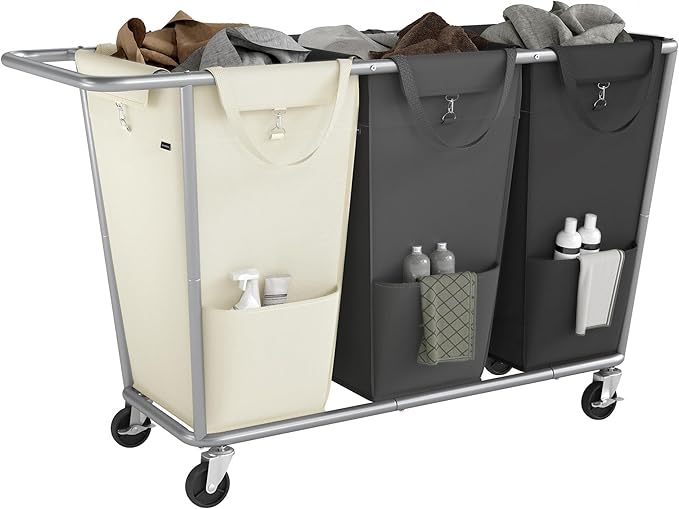 SONGMICS Laundry Basket with Wheels, 3-Section Laundry Sorter, 76.6 Gallons (290 L) Rolling Hamper with Removable Bags, Heavy-Duty Steel Frame, Cream White, Dark Gray and Ink Black URLS010X01