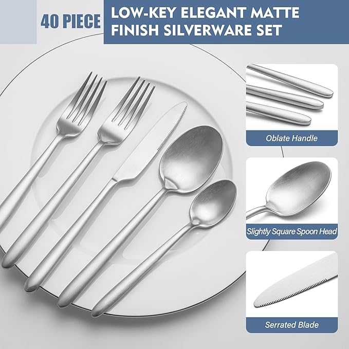 Heavy Duty Silverware Set, EIUBUIE 40-Piece Premium Stainless Steel Flatware Sets For 8, Matte Brushed Finish Cutlery Tableware Modern Kitchen Utensils Set for Home Restaurant, Dishwasher Safe