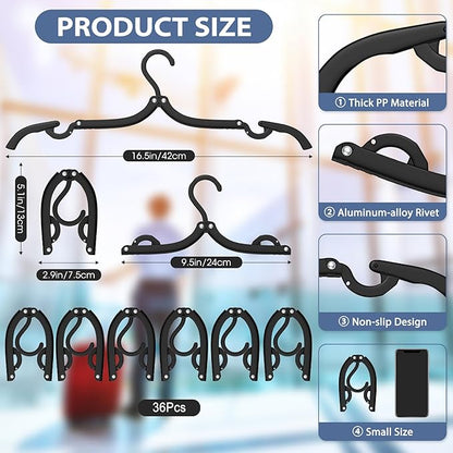 36 Pcs Travel Hangers Portable Foldable Travel Hanger Organizer, Plastic Cruise Ship Essentials Clothes Folding Hangers for Camping Flying RV Europe Vacation Essentials Suitcase, Night Black