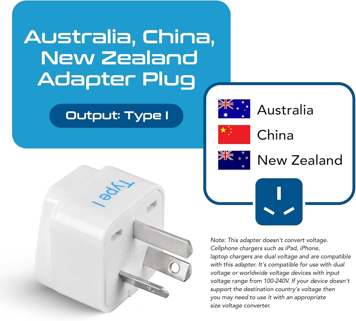 Ceptics Australia, China, New Zealand Travel Plug Adapter (Type I) - 3 Pack [Grounded & Universal] (GP-16-3PK)